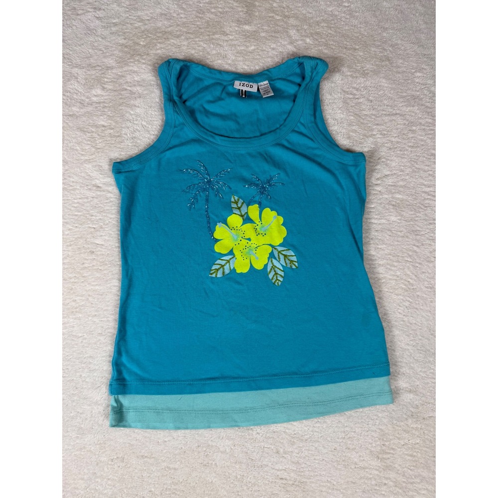 IZOD Tank Top Womens Medium Blue Tropical Hibiscus Beaded Cotton Summer Tee